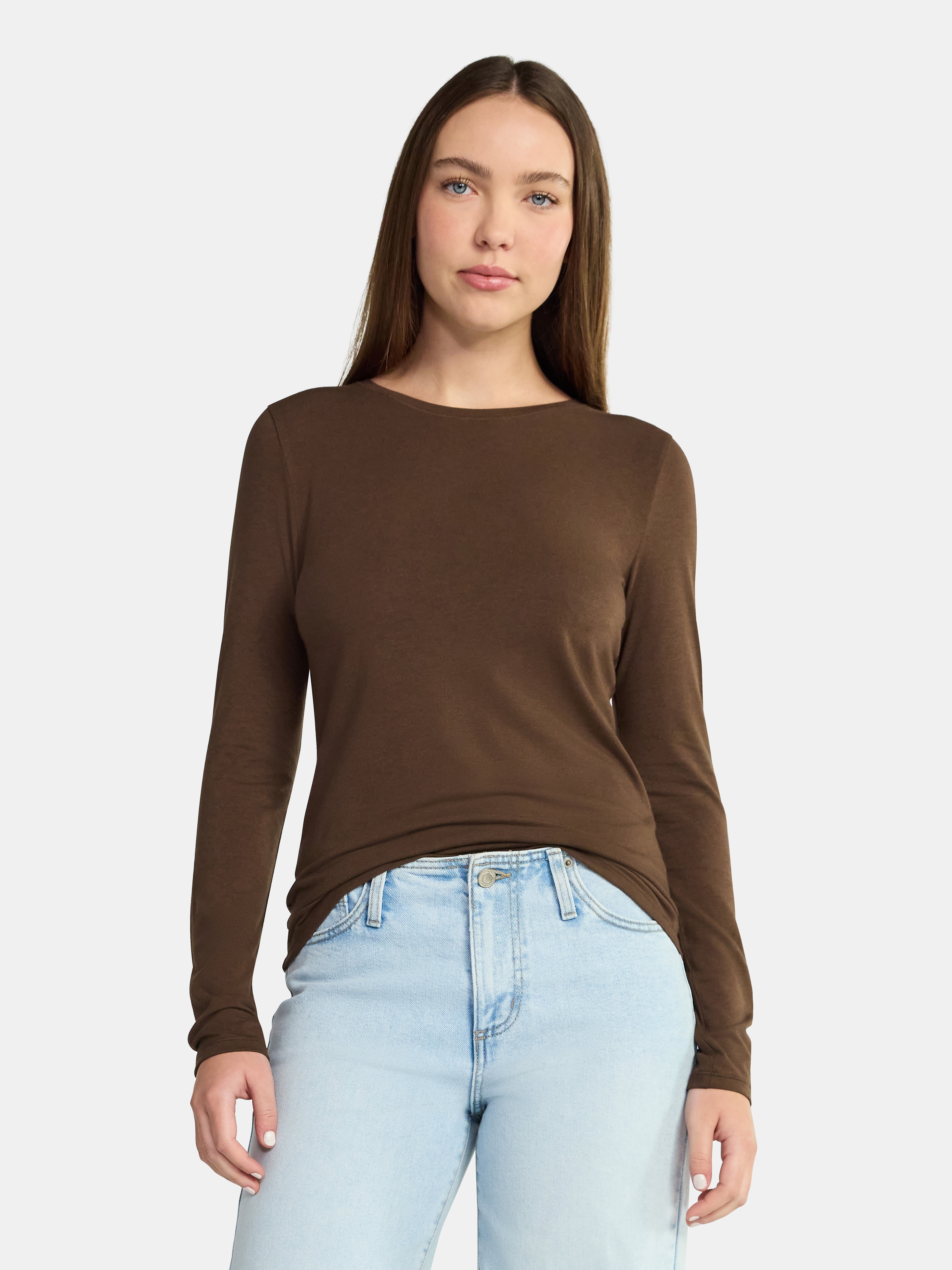 No Boundaries Crewneck Tee with Long Sleeves, Women's XXS-XXL