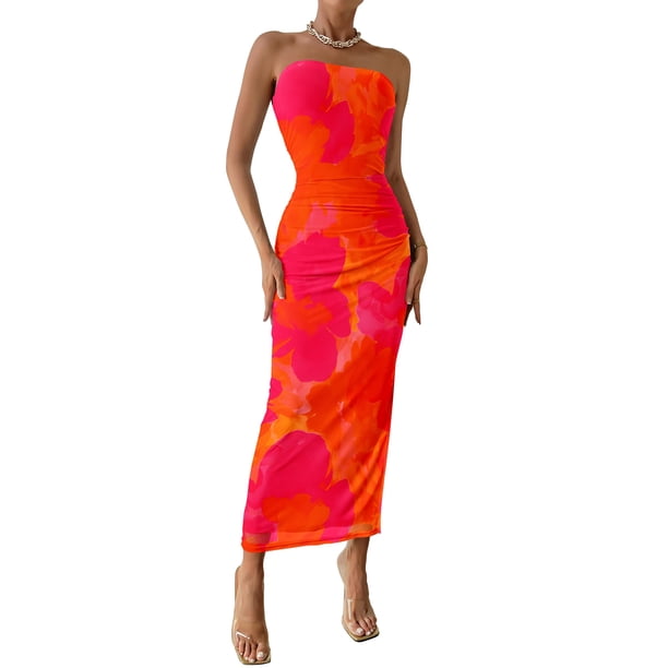 Vestido Maxi Floral Naranja Rojo PRETTYGARDEN Sin Tirantes Tubo Talla L
