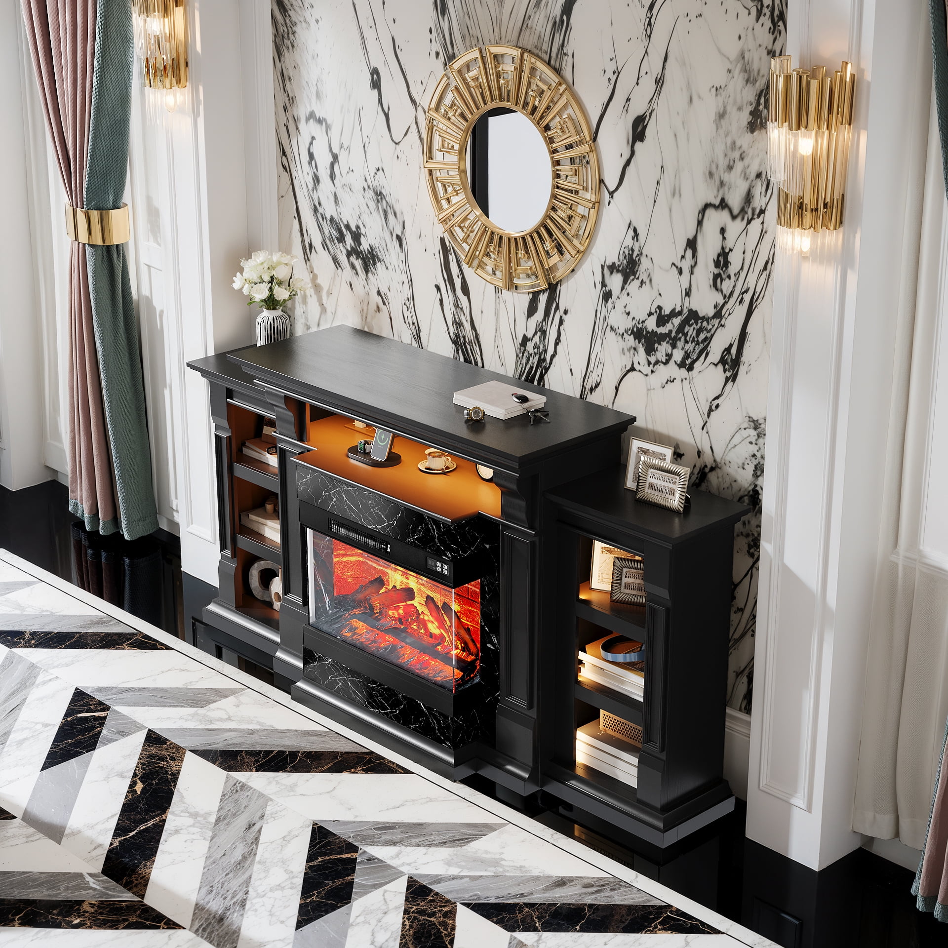 Holliwill 3-Sided Glass 72" Fireplace TV Stand for TVs up to 80", Electric Fireplace with Mantel, Entertainment Center TV Console with Charging Station & LED Lights for Living Room, Black