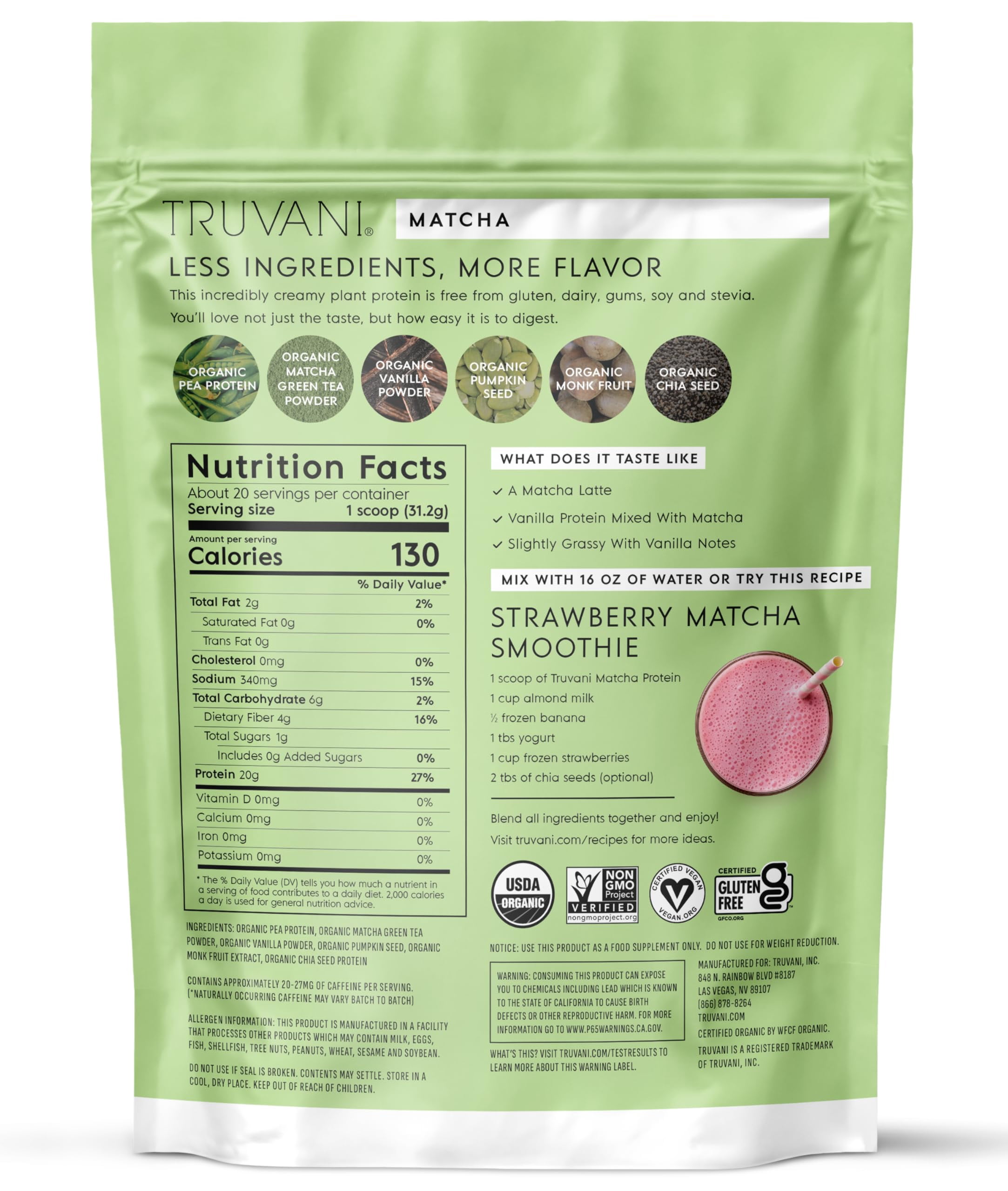 Truvani Vegan Plant Based Pea Protein Powder | Organic | Matcha | 20 Servings | Gluten & Dairy Free
