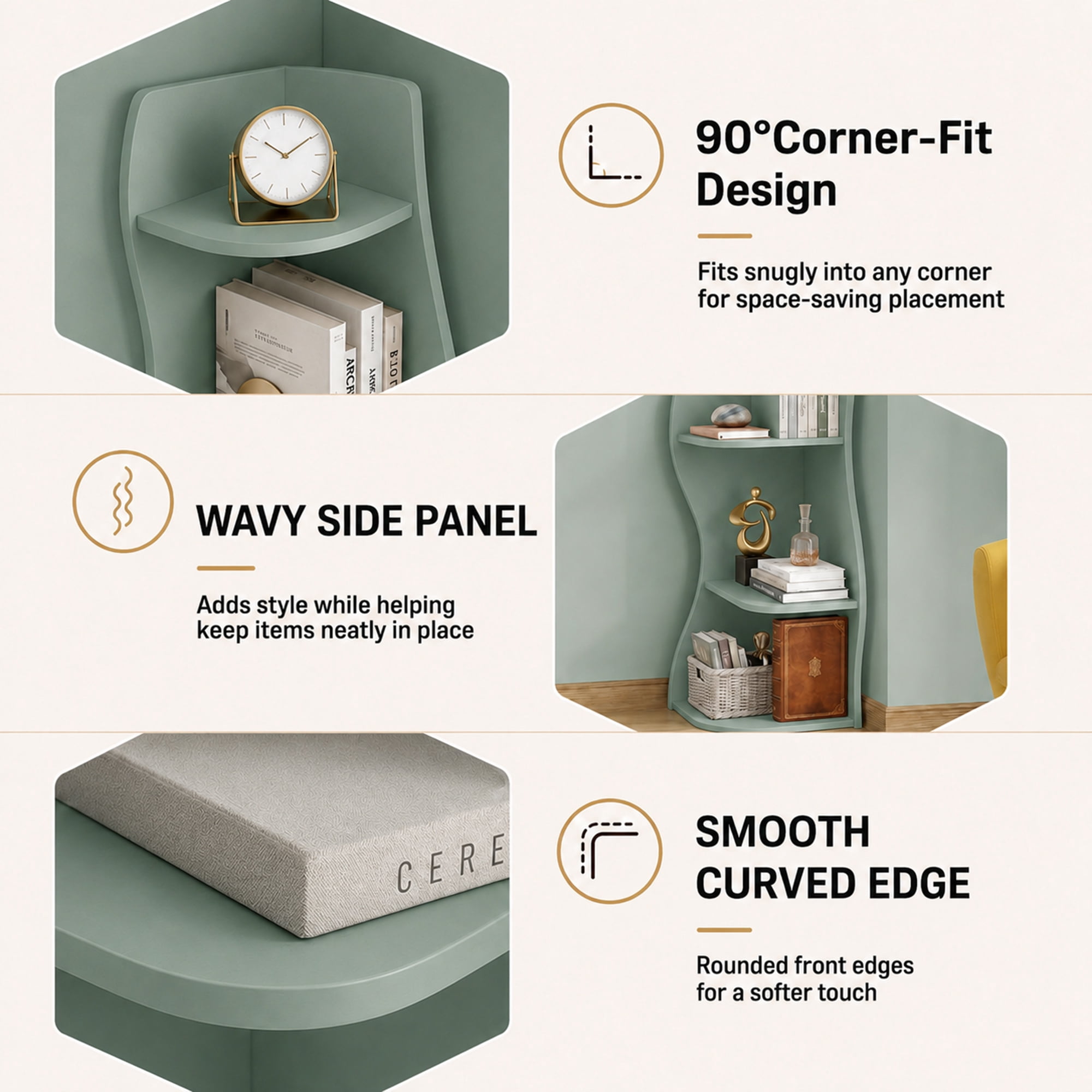 5-Tier S-Shaped Corner Shelf, Modern Freestanding Curved Display Rack, Space-Saving Corner Bookshelf Plant Stand for Living Room, Bedroom, Bathroom, Home Office