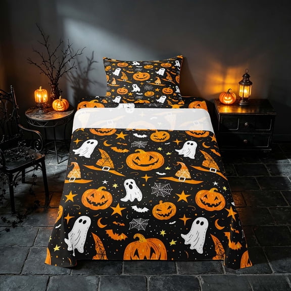 Homewish Halloween Pumpkin Ghost Twin Sheets, Witch Hat Bat Bedding, Black Orange, 3pcs (1 Flat Sheet, 1 Fitted Sheet and 1 Pillowcase)