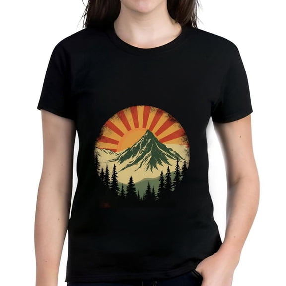 Stylish Cotton Short Sleeve T-Shirt with Vibrant Mountain and Sun Design - Perfect for Outdoor Lovers