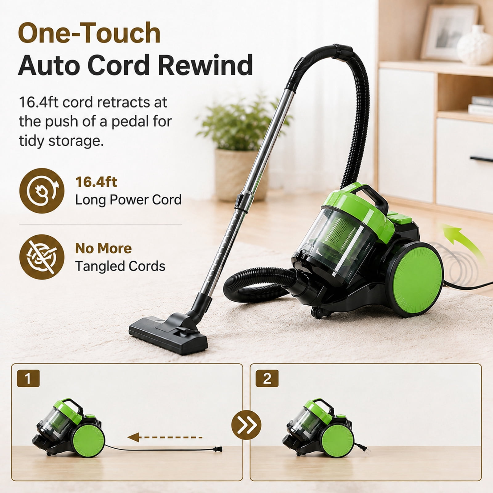 Alvantor Household Portable Vacuum Cleaner, 16Kpa Bagless Canister Cleaner, Lightweight Powerful Vacuum for Carpets and Hard Floors, 1.8L, with Washable HEPA Filter, Auto-Rewind