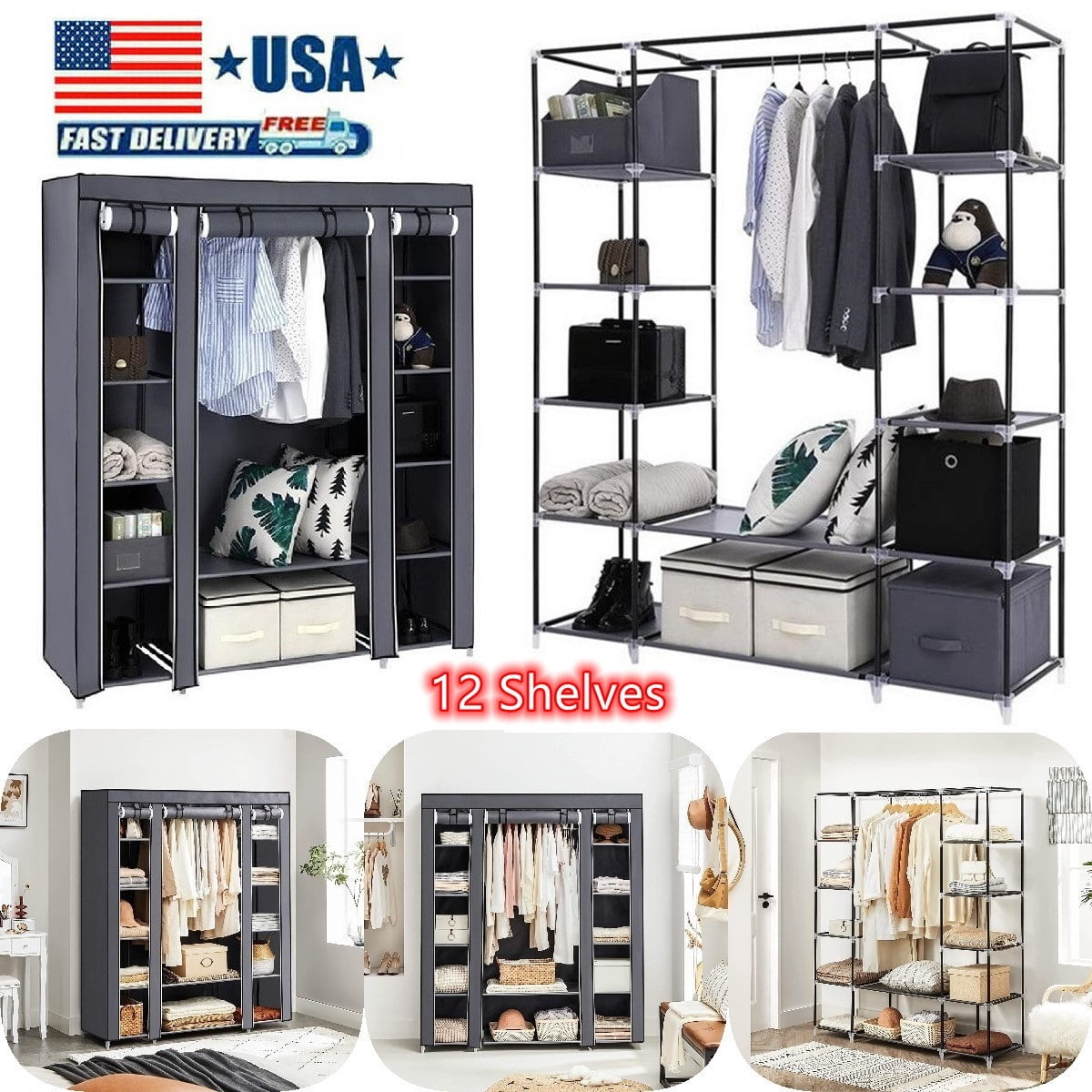 YIZAIJIA Portable Wardrobe Closet - 34 Inch, Dustproof Cover, Metal Frame, Easy Assembly, Black - View #6