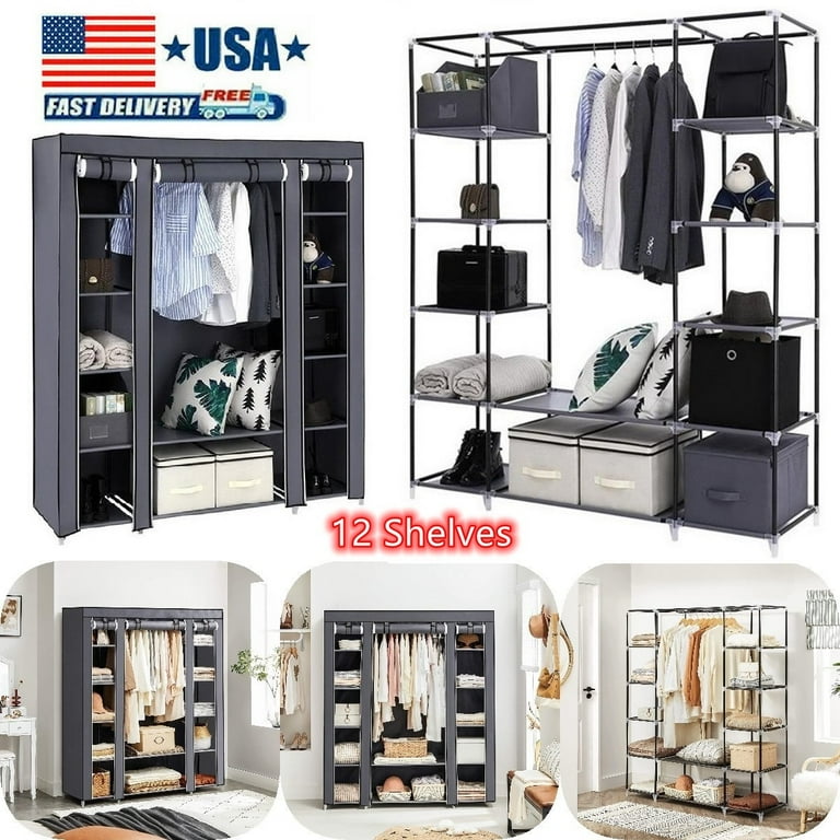 Closet Organizer with 3 Hanging Rod 65*41 Inch Clothes Rack with 7 Shelves,  Portable Closet with Waterproof Cover, Wardrobe Clothes Storage Organizer