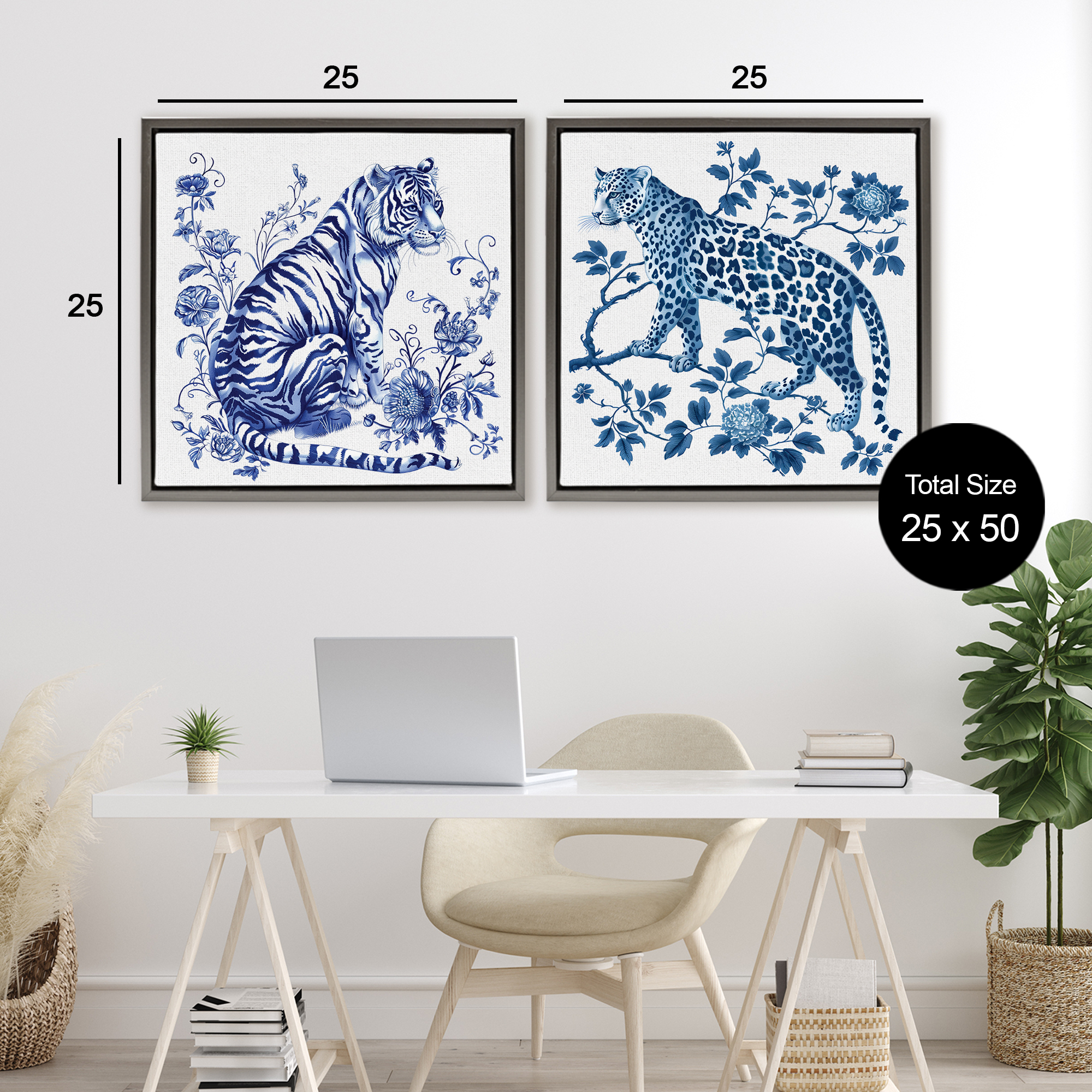 Ornate & Detailed Large Cats 2 Piece Gray Framed Floater Canvas Set, design by Lettered and Lined