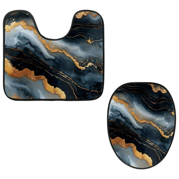 PhooArto Toilet Lid Cover and U-Shaped Toilet Floor Mat Set of 2 Pieces, Black Golden Marble Toilet Mat Set, Machine Washable Seat Covers Non-Slip Absorbent Rugs