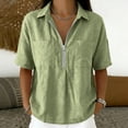 thumbnail image 2 of Olyvenn Women's Half-Zip Linen Blend Button Collared Shirt, Short Sleeve, Two Chest Pockets, Casual & Workwear Top Green XXL, 2 of 7