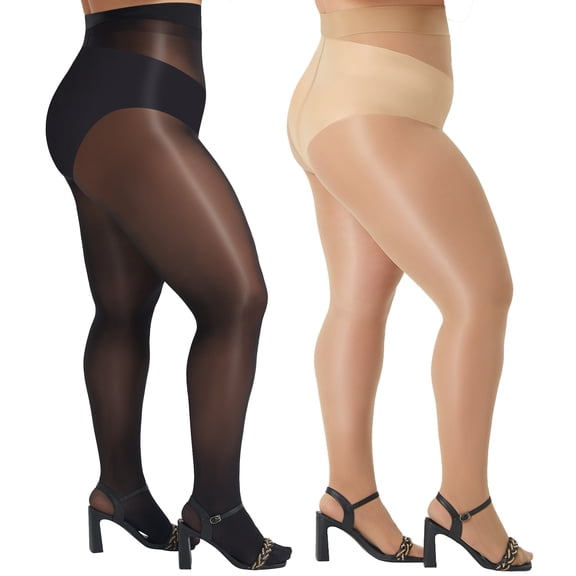 Manzi Women's Plus Size Oil Shiny Pantyhose 15D Shimmer Silky Tights High Waist Stockings 2 Pairs