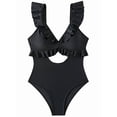 thumbnail image 1 of One Piece Swimsuit for Women Tummy Control Ruffle Bathing Suit V Neck Ruched Swim Suit Slimming Cutout Swimwear Black XL, 1 of 7