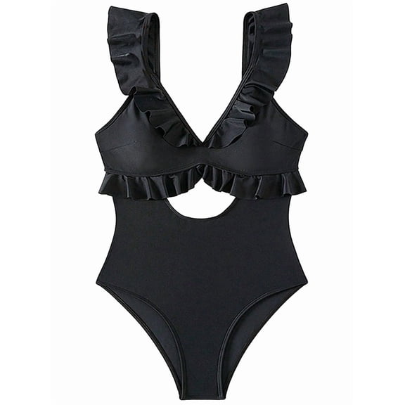 Swimsuit for Women Tummy Control Ruffle Bathing Suit V Neck Ruched Swim Suit Slimming Cutout Swimwear Black L