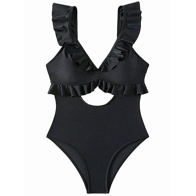 One Piece Swimsuit for Women Tummy Control Ruffle Bathing Suit V Neck Ruched Swim Suit Slimming Cutout Swimwear Black XL
