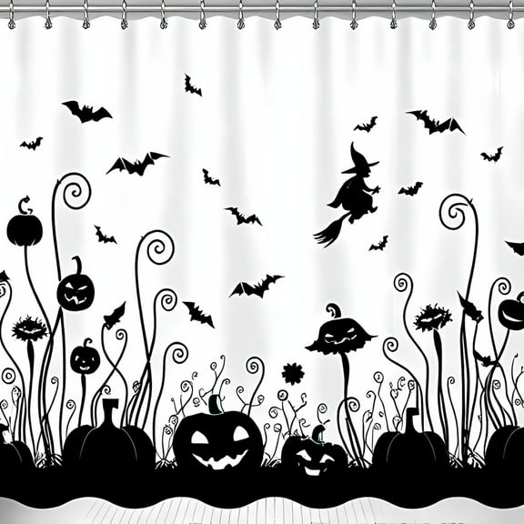 Whimsical Halloween Shower Curtain with Pumpkins Bats & Witch - Spooky Bathroom Decor