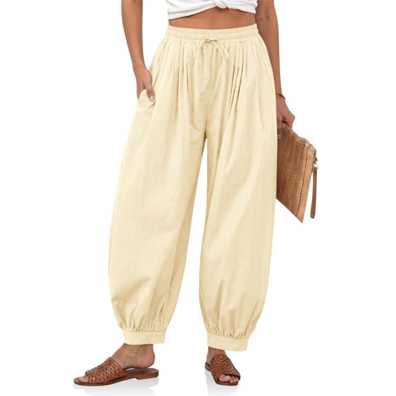 Womens Baggy Pleated Harem Pants Summer Elastic High Waisted Wide Leg Balloon Cotton Lounge Pants S