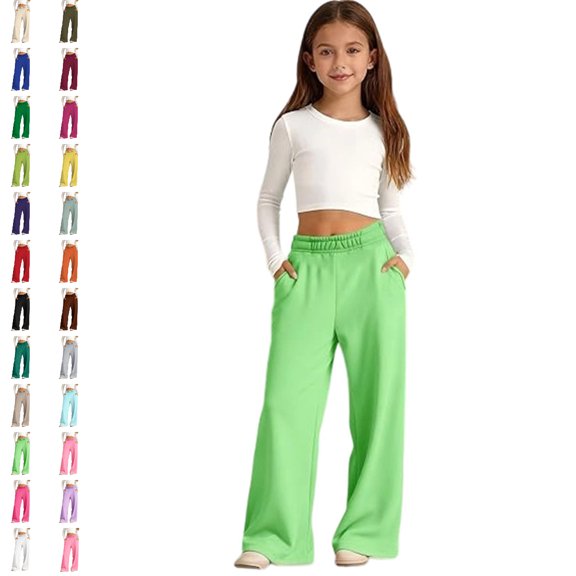 Bmisegm Girls Pants High Waisted Soft Stretch Casual Trousers with Pockets Comfortable Everyday Wear Outfits for Kids Pants,01_Light Green,13-14 Years