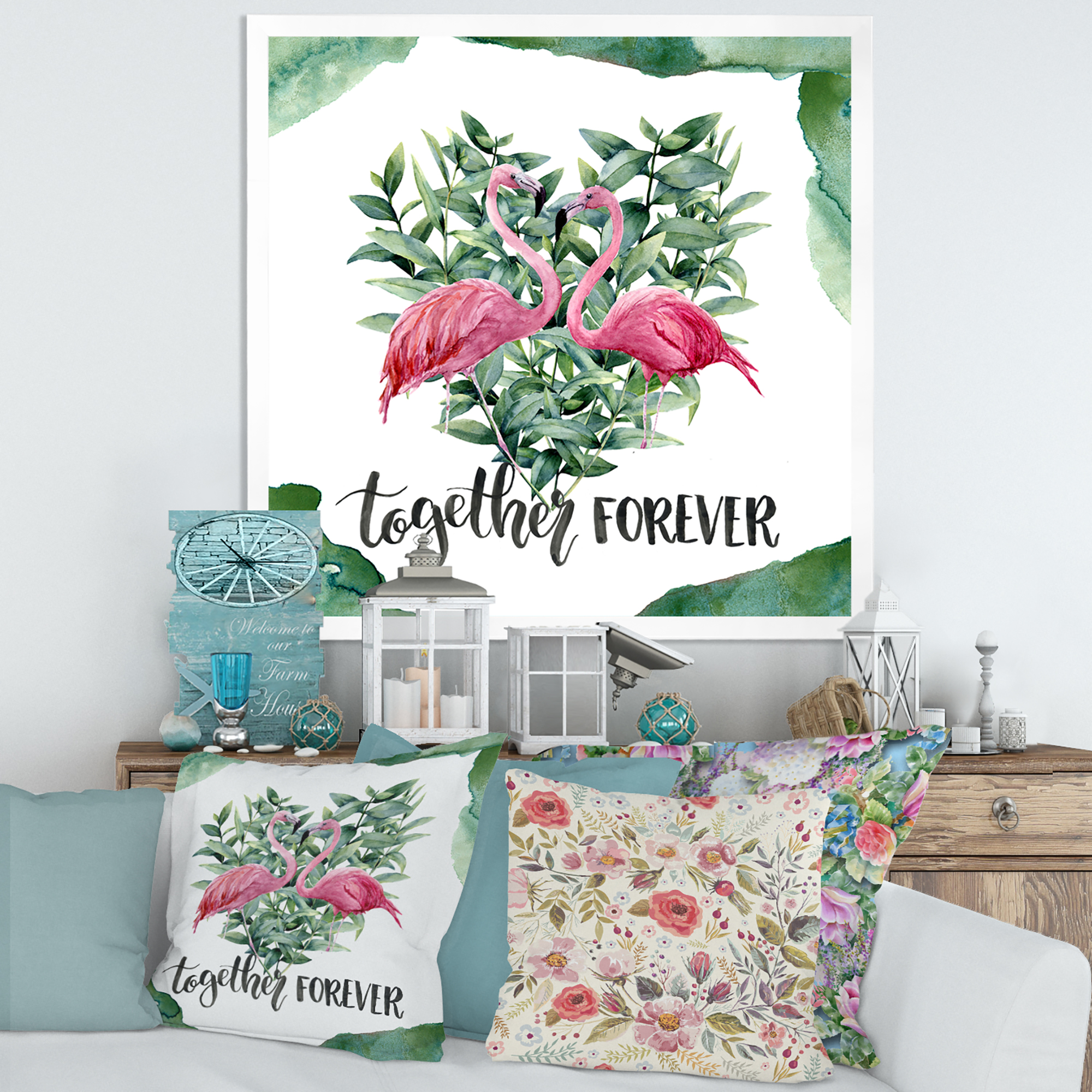 Designart 'Eucalyptus Leaves With Flamingo Floral Heart' Traditional Framed Art Print