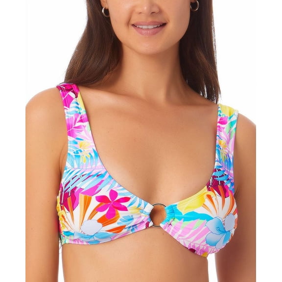 California Waves Juniors'  Women's Floral-Print Bikini Top Swimsuit White Size XL