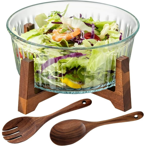 Large Glass Salad Bowl Set with Acacia Wood Base and Salad Serving Utensils Clear Borosilicate Glass Fruit Bowl and Trifle Bowl, Microwave & Dishwasher Safe Multifunctional Bowl for Popcorn,Chip