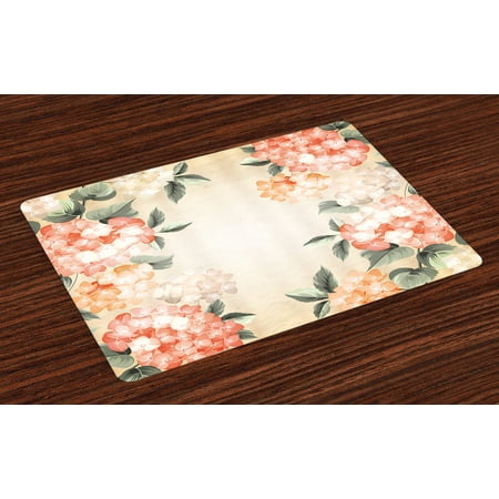 Spring Nature Table Floral Placemats Set of 4 Blooming Hydrangea Flowers Leaves Bouquet Vintage Style Spring Nature Print, Washable Fabric Place Mats for Dining Room Kitchen Table Decor,Salmon Reseda Green, by Ambesonne ()