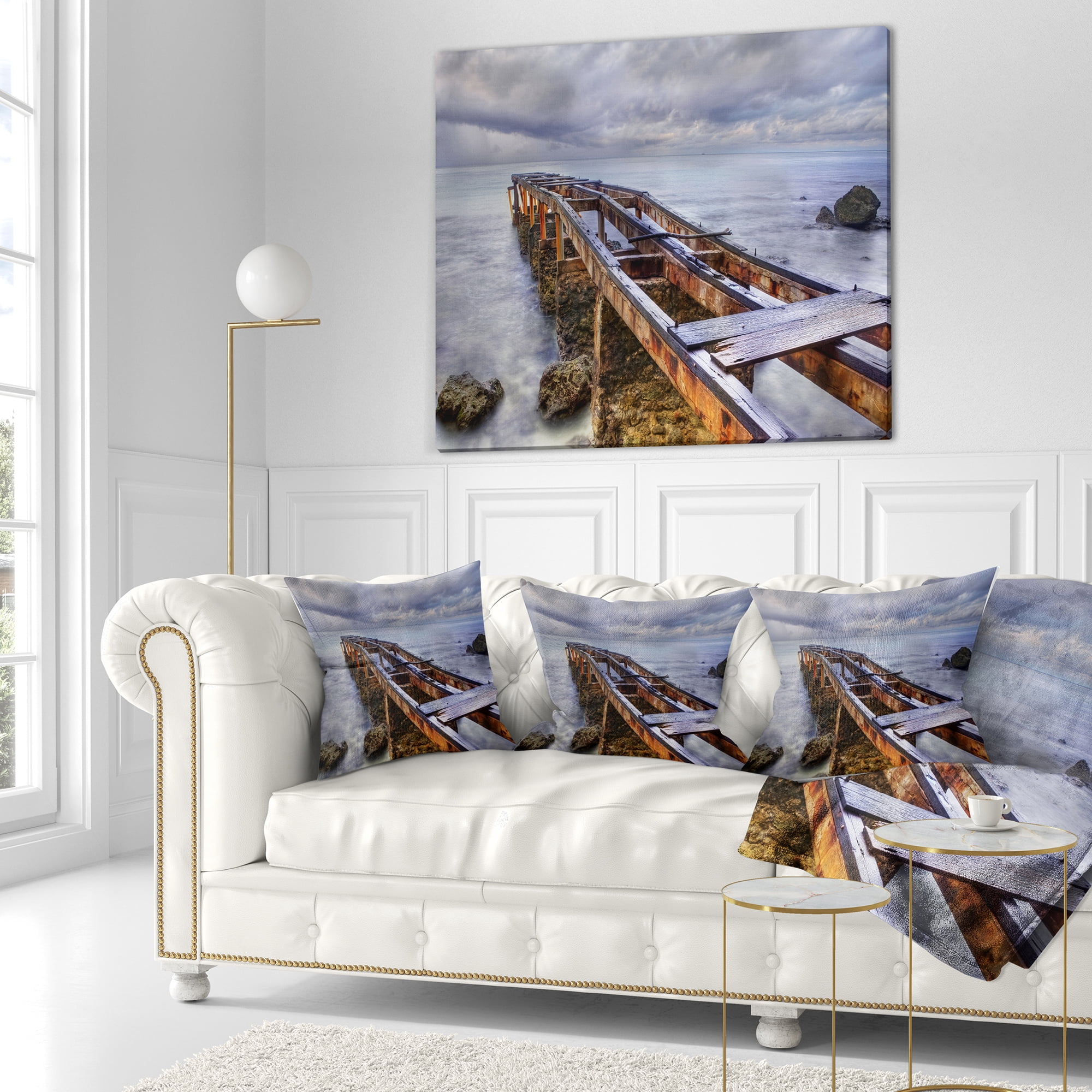 Designart Old Rusty Pier in Cloudy Day - Seashore Photo Throw Pillow - 18x18