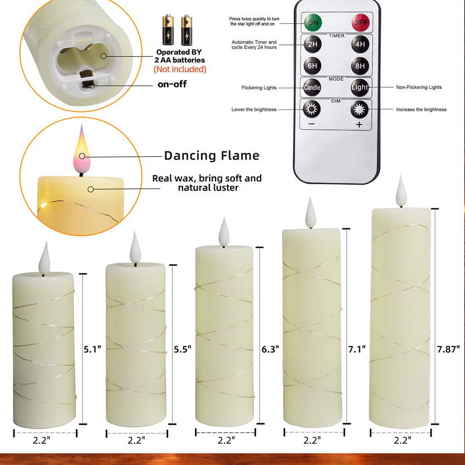 Pack of 5 Flickering Flameless Candles with Embedded String Lights, Battery Operated Electric Pillar Candle 3D Teardrop