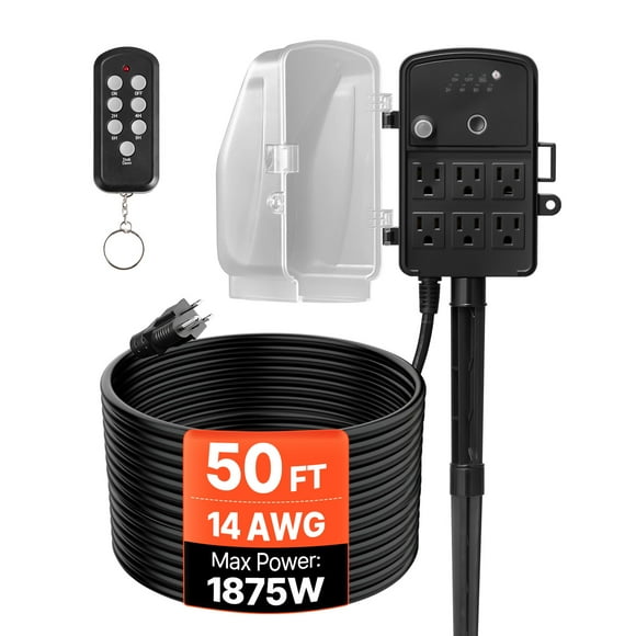 VEVOR Outdoor Power Stake, 50FT Extension Cord, Outdoor Power Strip Weatherproof with Cover, Remote Control Dusk to Dawn Light Timer Waterproof
