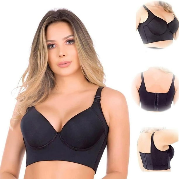 KUIZAP Nakans Back Smoothing Bra, Fashion Deep Cup Bra Hides Back Fat for  Women Push Up(black-A)36/80