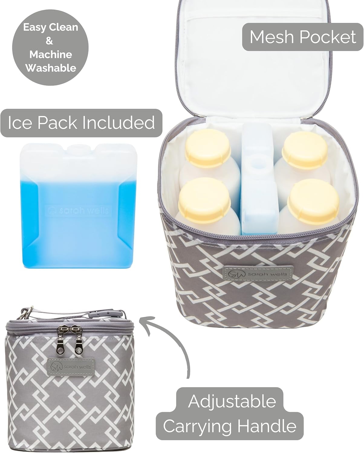 Sarah Wells Cold Gold Breast Milk Cooler Bag with Ice Pack, Insulated Storage for Bottles & Pump Parts, Washable (Gray)