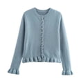 thumbnail image 1 of ManxiVoo Veste en Tricot à Garniture Superposée pour Femme, Bordure Décorative, Cardigan Décontracté, Manteau Confortable, Haut, Taille M, Bleu, 1 of 2