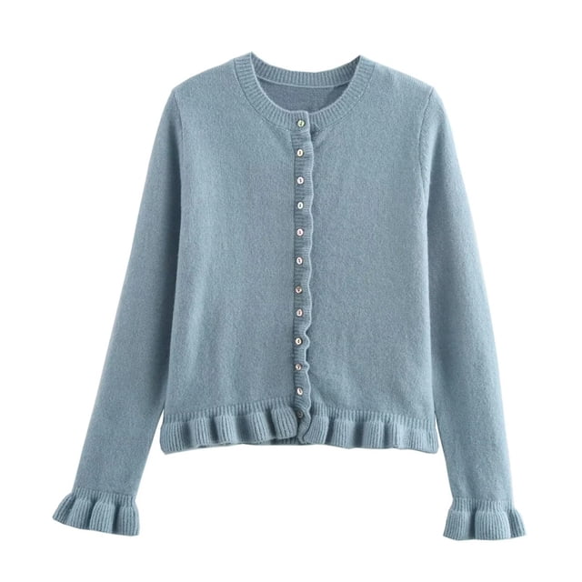ManxiVoo Veste en Tricot à Garniture Superposée pour Femme, Bordure Décorative, Cardigan Décontracté, Manteau Confortable, Haut, Taille M, Bleu