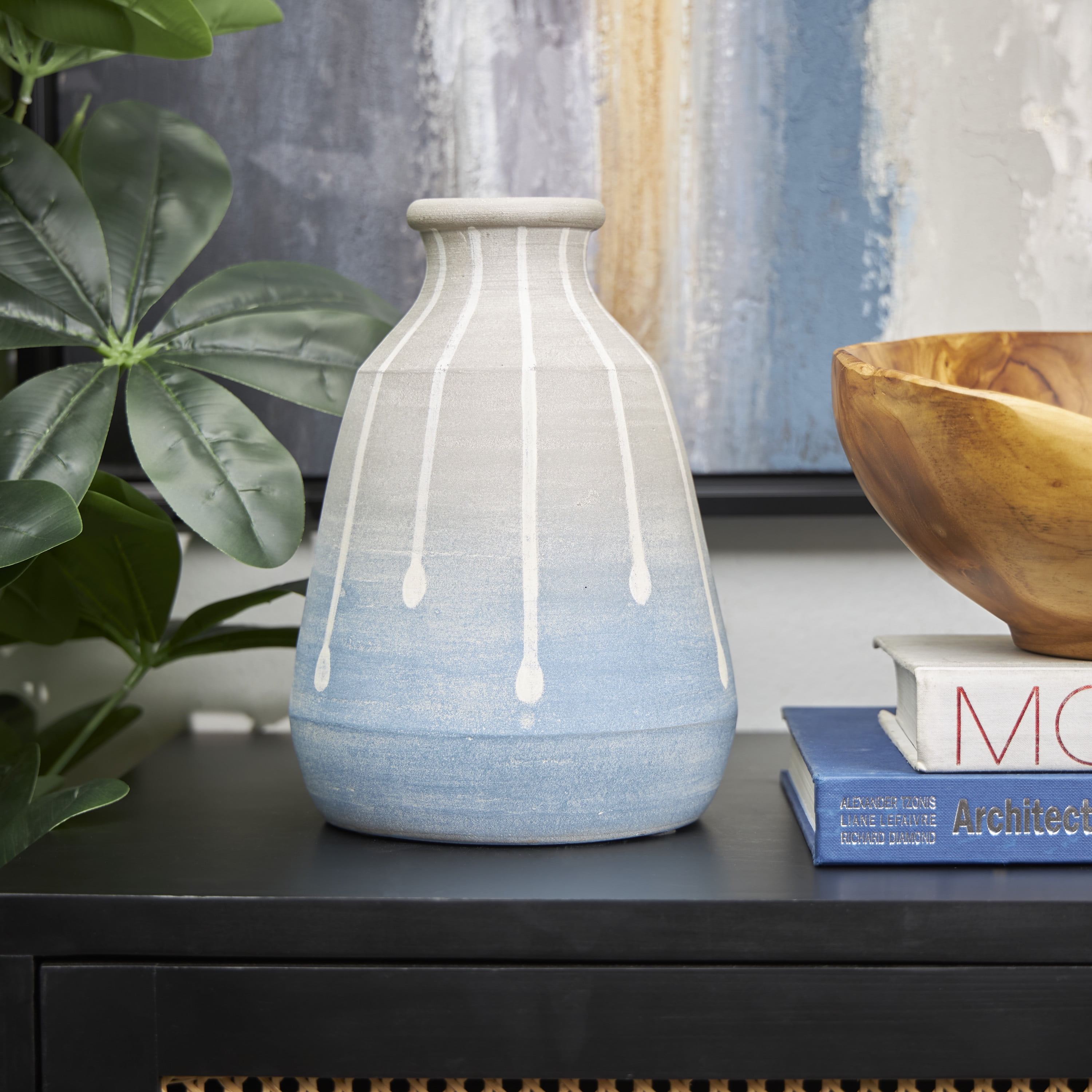 DecMode 10" Abstract Ombre Drip Blue Ceramic Vase with Gray and White Accents