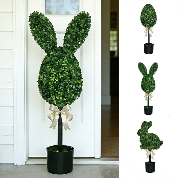 Bunny Topiary Outdoor, Green Artificial Bunny-Shaped Topiary Tree Faux Boxwood Bush Bonsais, Easter Rabbit Topiaries with a flower pot for Easter Decor, for Indoor Outdoor Home Porch Decor,30*5in, B