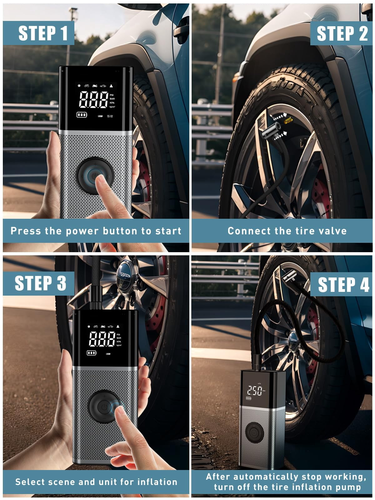 OneAmg Cordless portable tire inflator, 4x speed 150 PSI portable air compressor, featuring a 7800mAh battery, LED display, automatic shut-off, pressure gauge, and LED light, suitable for cars, bicyc