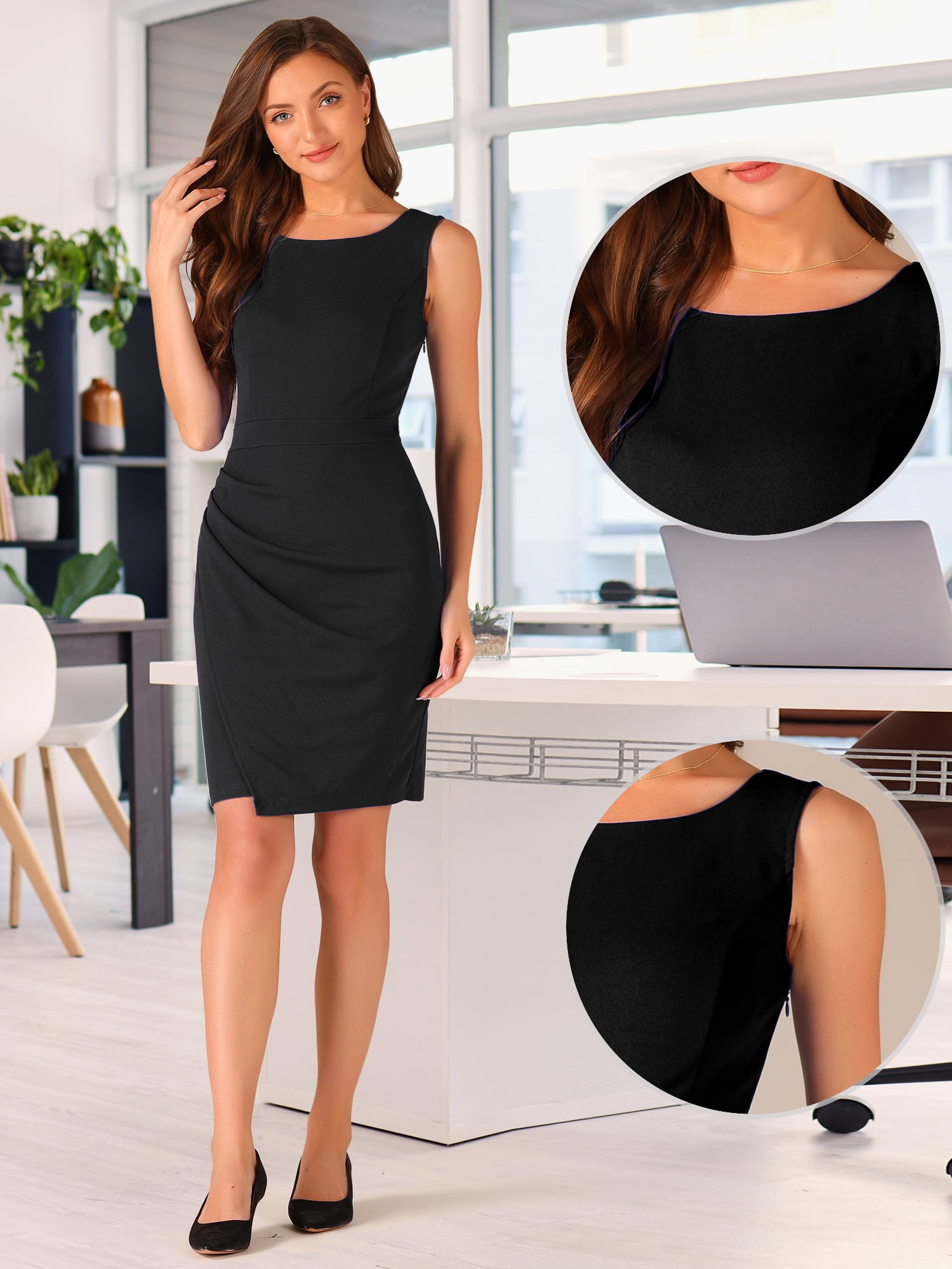 DARING DIVA Women's Boat Neck Sleeveless Ruched Pencil Dress M Black