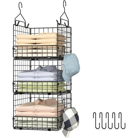 3-Tier Hanging Closet Organizer, Foldable Cabinet Wire Storage Basket Bins with 5 S Hooks, Closet Shelves & Hanging Closet Shelf for Clothing, Sweaters, Handbags, Hats