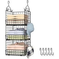 3-Tier Hanging Closet Organizer, Foldable Cabinet Wire Storage Basket Bins with 5 S Hooks, Closet Shelves & Hanging Closet Shelf for Clothing, Sweaters, Handbags, Hats