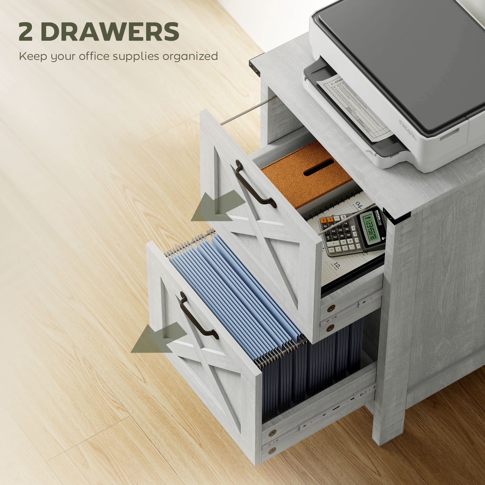 HOMCOM 2 Drawer Vertical File Cabinet with Silent Slides, Farmhouse Filing Cabinet with Barn Doors for A4/Letter Size, Distressed Light Gray