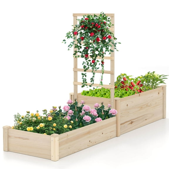 Costway 87" Raised Garden Bed with Trellis 2 Planter Boxes Open-ended Base for Patio