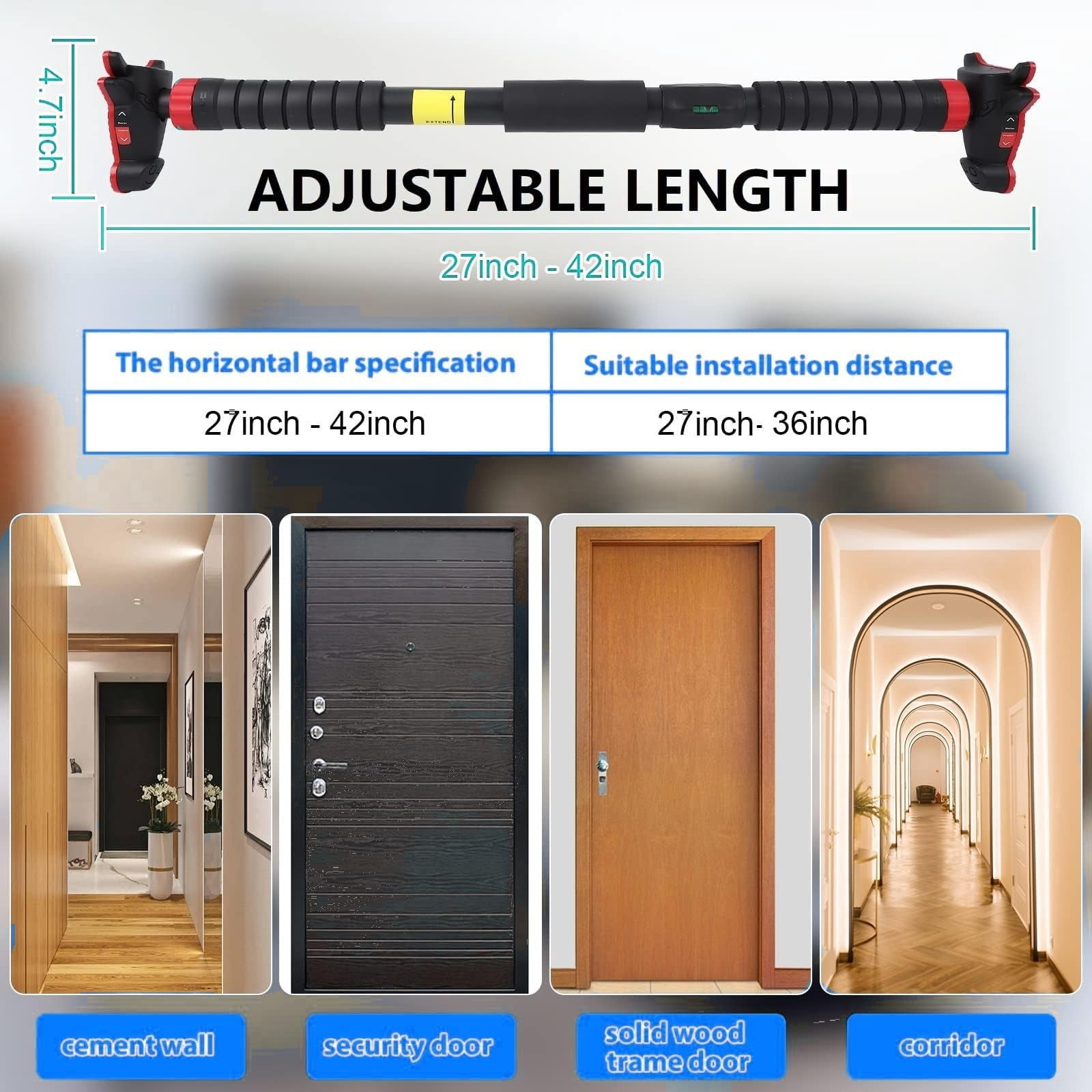 Wisykoke Doorway Pull Up Bar Adjustable Chin Up Bar for Home Gym, 440 LBS Max Load, with Level Meter & Anti-Slip Design for Strength Training, No Screws