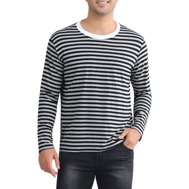 Camiseta de rayas INSPIRE CHIC Edición para hombres, cuello redondo, de manga larga, básica, talla 2XL, negra y gris