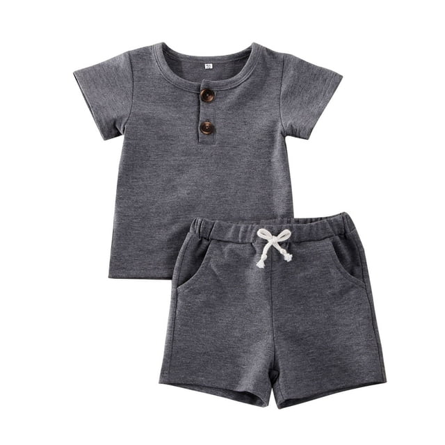 Baby Boy Girl 2PCS Outfits Short Sleeve Button Tee Shirt Drawstring Shorts Pants Casual Clothes Set