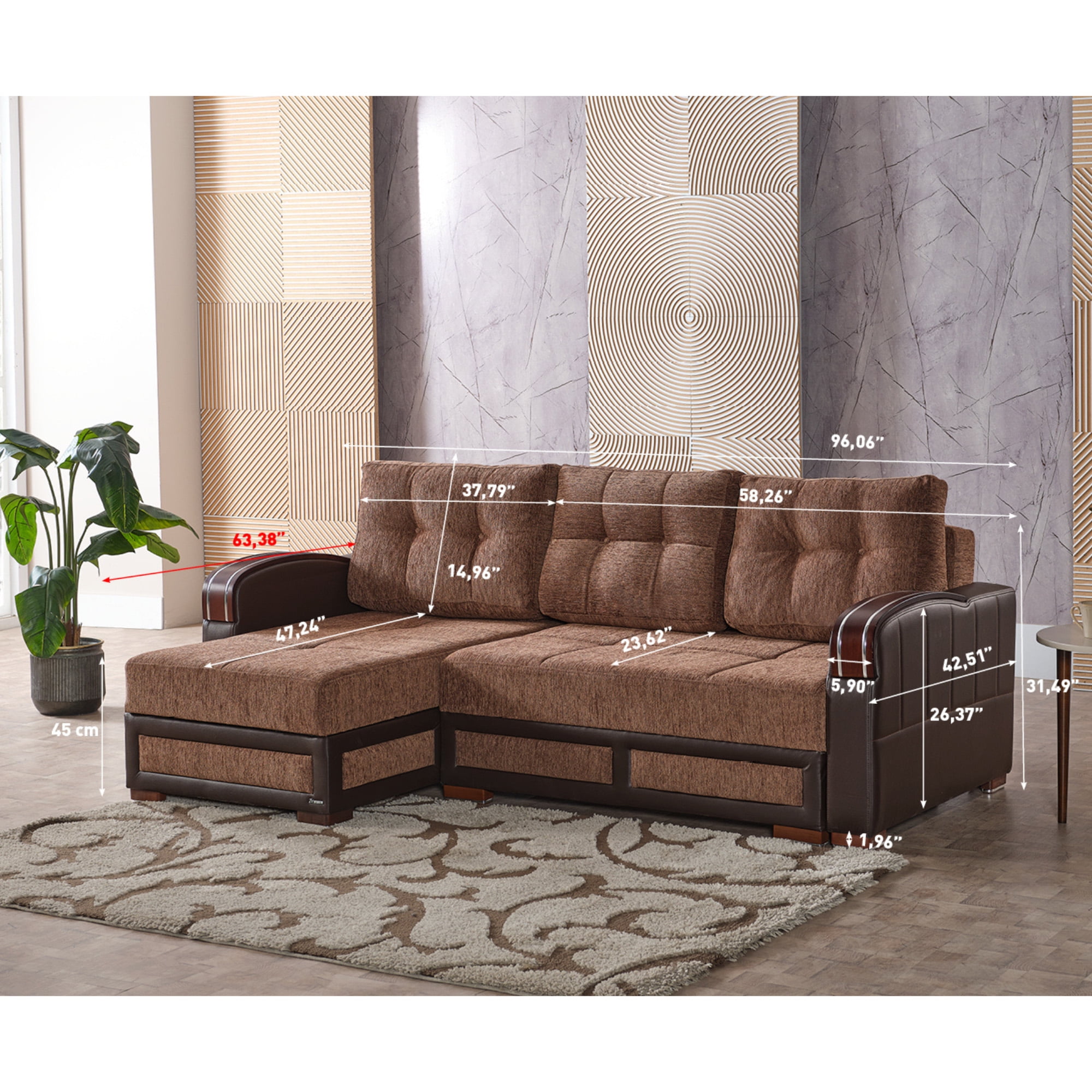 Ottomanson 96" Convertible Sectional Sofa with Storage, Chenille L-Shaped Couch for Living Room, Brown
