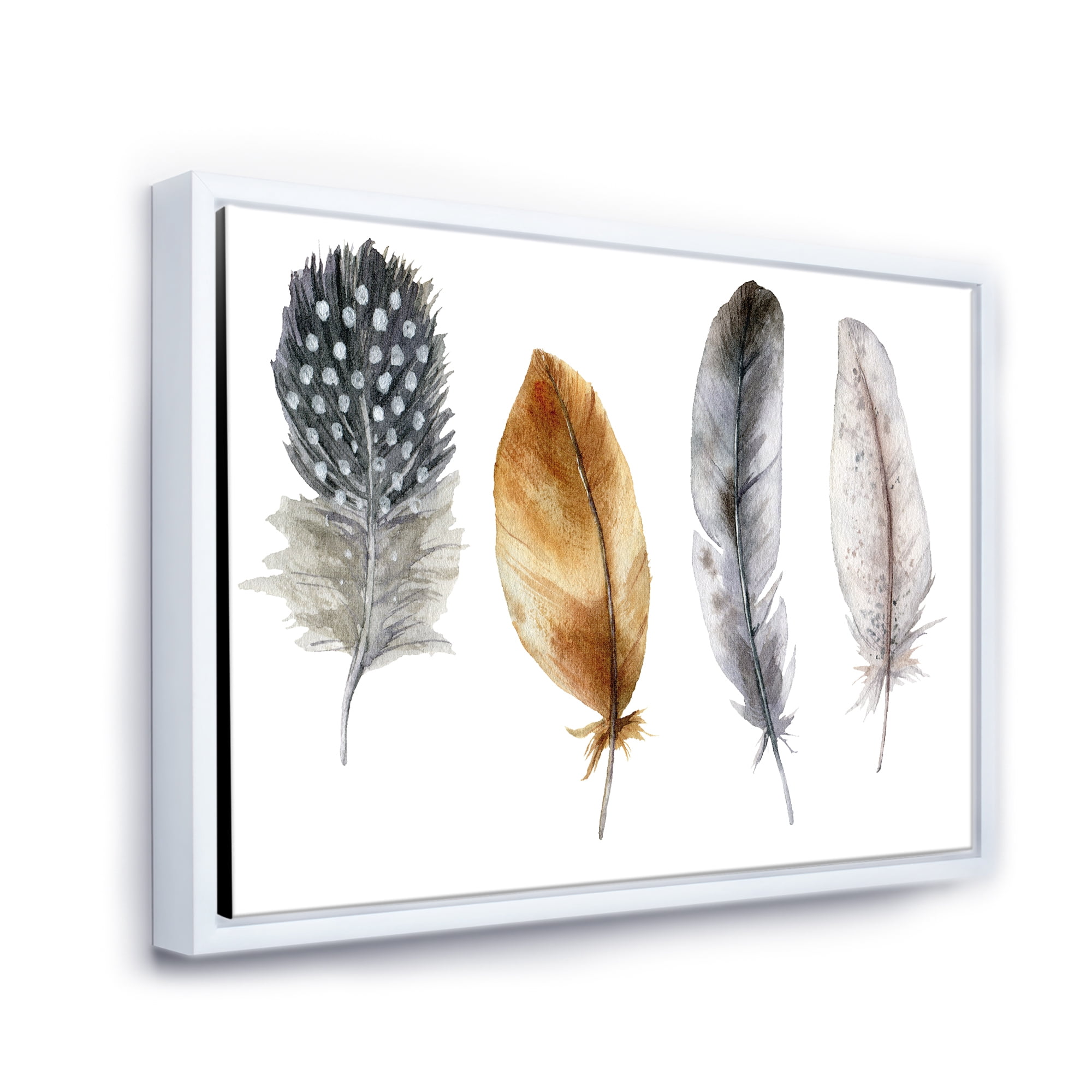 Designart 'Boho Feather In Blue and Orange Striped & Polka Dost' Bohemian & Eclectic Framed Canvas Wall Art Print