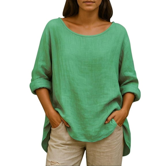 Womens Cotton Linen Shirts Oversized Casual Crewneck Long Sleeve T-Shirt Plus Size Fall Lounge Tops Green XL