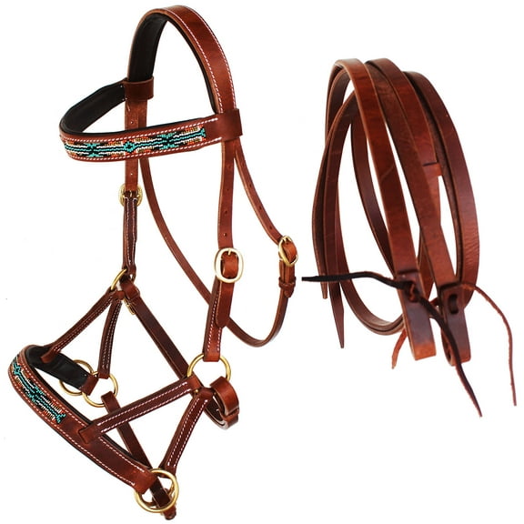 Horse Western Leather Beaded Bitless Sidepull Bridle Reins 77RS10TN-F