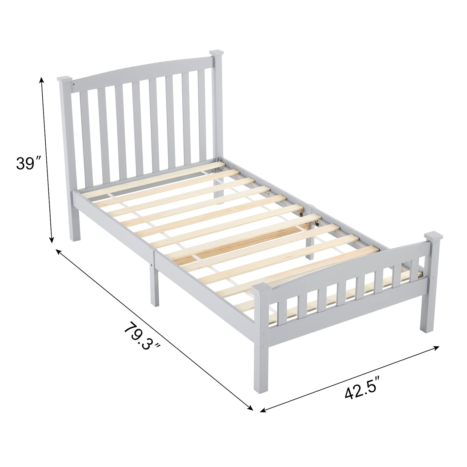 Twin Single-Layer Wooden Bed Vertical Decorative Strips Curved Headboard and Footboard Bed Frame Painted Pine Bed Frame, 79.33*42.52*38.98in Grey
