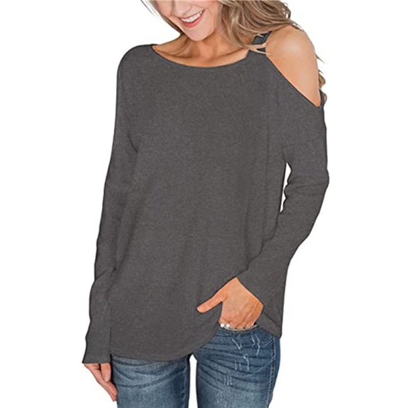 Abcnature Women Fashion Casual O-Neck Long Sleeve Cold Shoulder Solid Tops Blouse Plus Size Tops for Ladies Autumn Winter Casual Loose Tunic Blouse Gray S