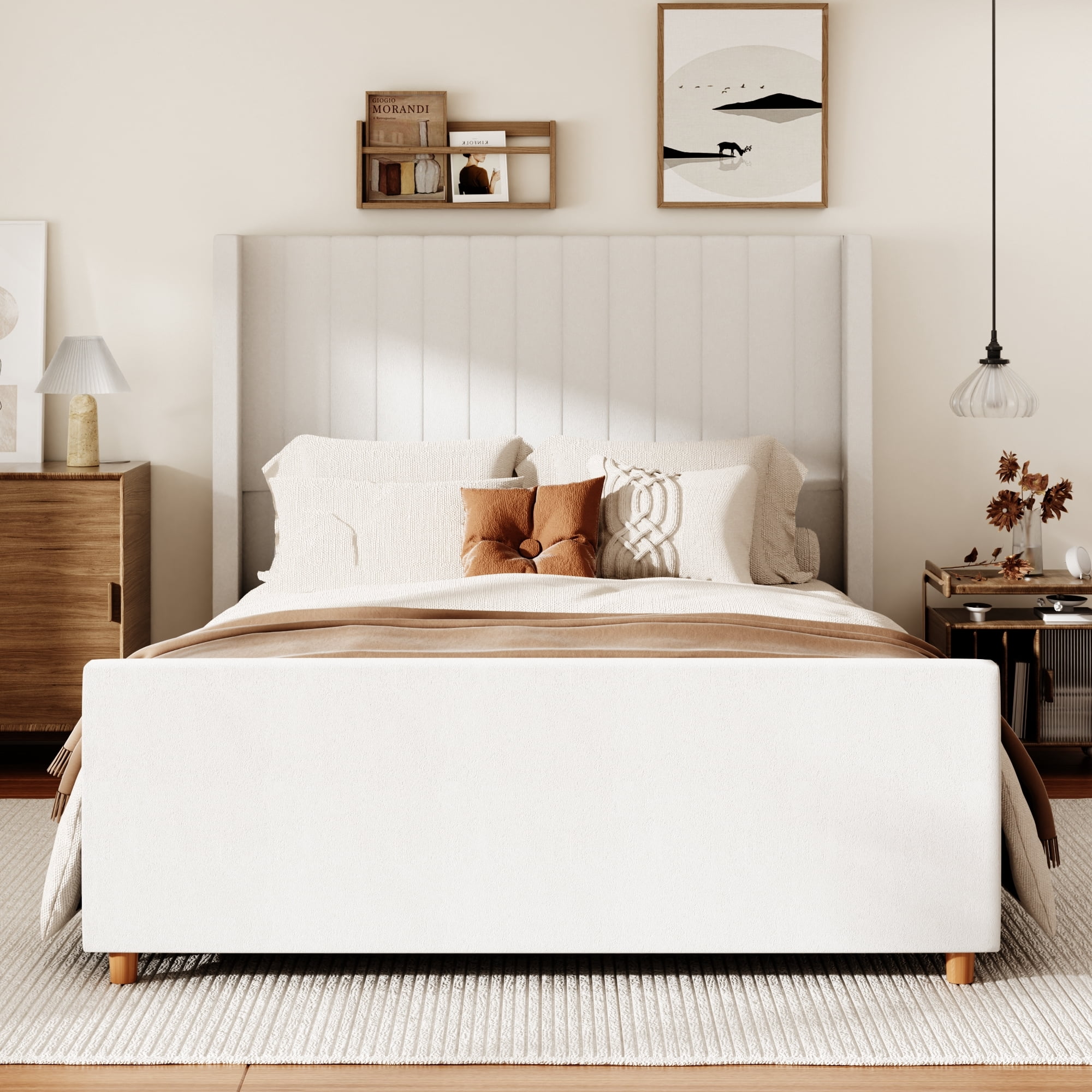 Queen Size Bed Frame, Upholstered Platform Bed with 58.2" Tall Headboard & Footboard, Soft Velvet Fabricbed Bed, Easy Assembly, Beige