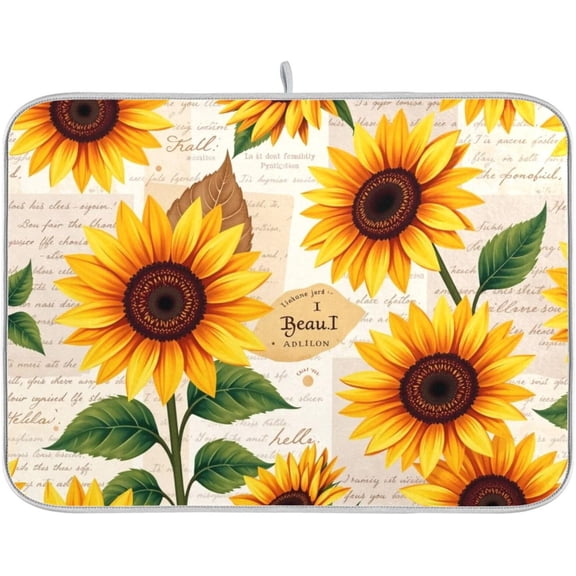 Watercolor Sunflowers Dish Drying Mat 16x18 inch Yellow Flower Drying Pad Dish Drainer Mat Protector for Kitchen Countertops Counter